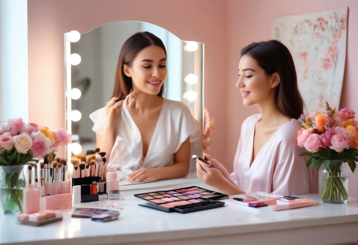 A vibrant and inviting beauty routine scene featuring an array of cosmetic products, insurance documents, and a glowing mirror reflecting a joyful person applying makeup. Surround the products with soft, natural light to create an ethereal atmosphere, and include flowers for a touch of elegance. Use pastel colors to convey a sense of beauty and care. super-realistic. vibrant colors. soft focus.