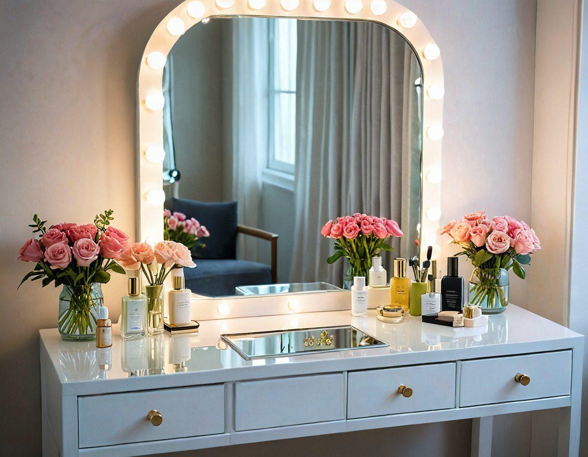 A serene vanity table adorned with elegant cosmetics, featuring a stylish insurance policy document partially rolled open beside a sparkling mirror. A soft light bathes the scene, highlighting an array of beauty products, including skincare and makeup essentials, alongside a floral arrangement. The setting suggests a sense of protection and care for beauty routines. vibrant colors. soft focus.