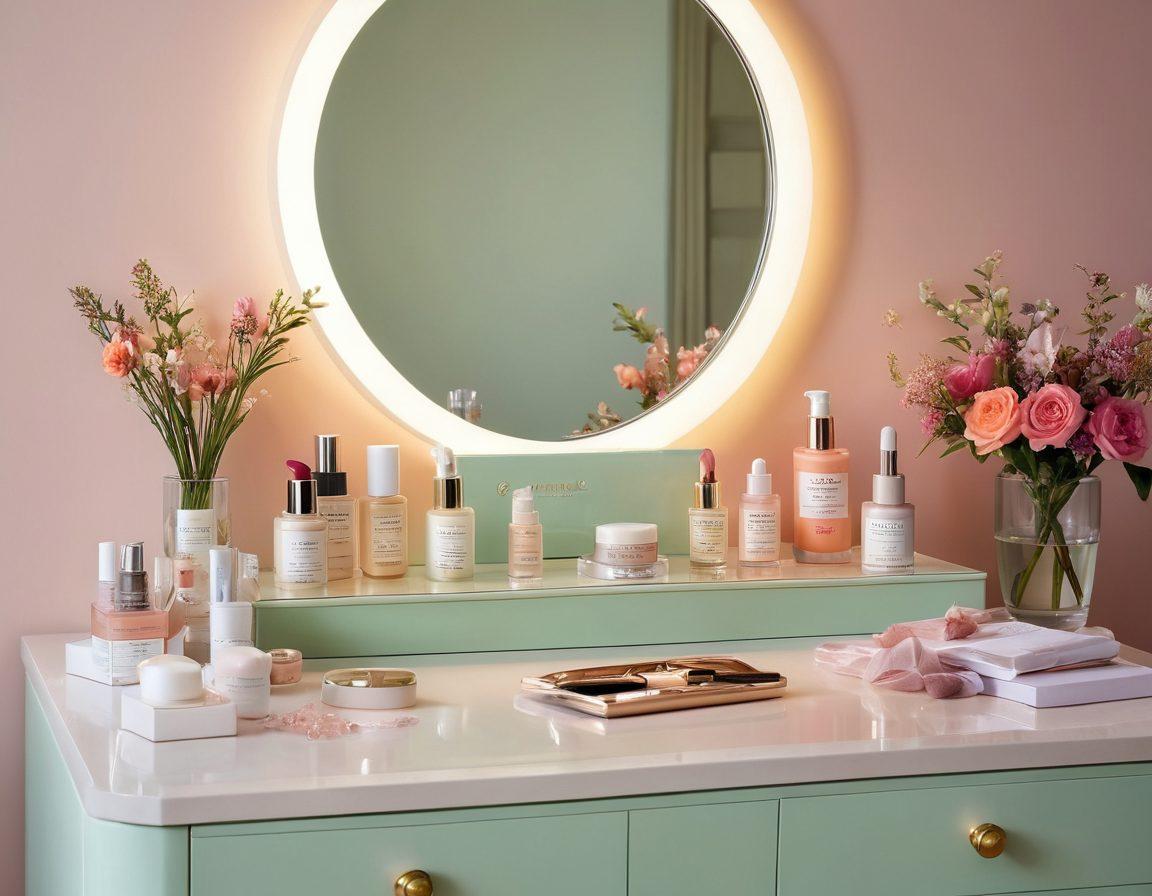 A beautifully organized vanity table filled with luxurious skincare and makeup products, set against a soft pastel backdrop. Include a stylishly designed policy document on the table, alongside a glowing light reflecting off the products. Showcase various beauty items like serums, lipsticks, and creams with elegant packaging. Subtle floral accents around the vanity for a touch of femininity. painting. vibrant colors. soft focus.